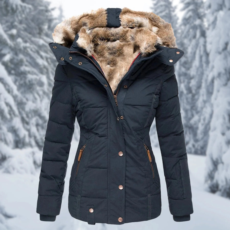 Giselle Faux Fur Trim Hooded Puffer Jacket in Navy