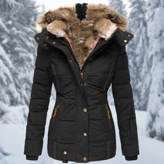 Giselle Faux Fur Trim Hooded Puffer Jacket in Black