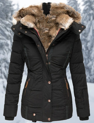 Giselle Faux Fur Trim Hooded Puffer Jacket in Black