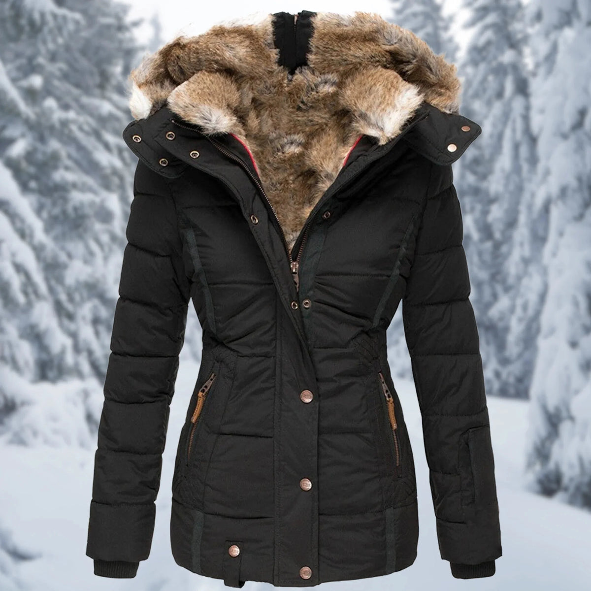 Giselle Faux Fur Trim Hooded Puffer Jacket in Black