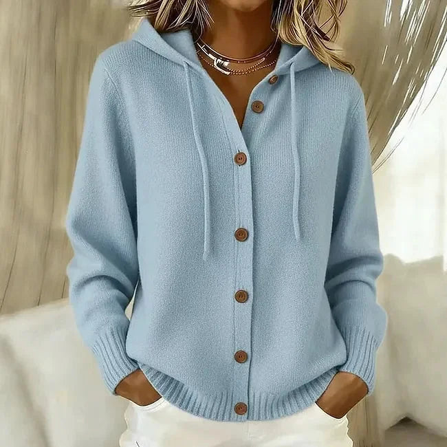 Gladys Hooded Button-Front Cardigan in Light Blue