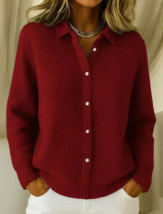 Glenda Collared Waffle Button Cardigan in Wine Red