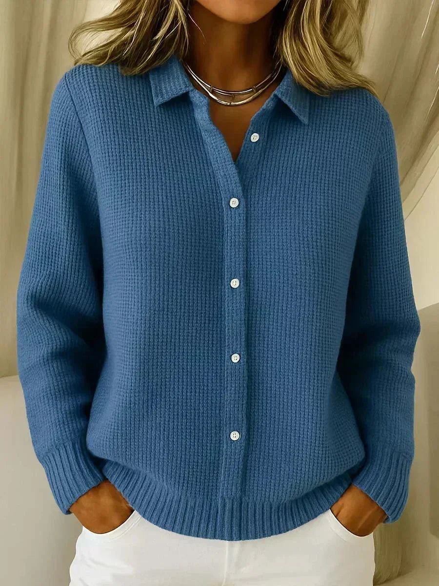 Glenda Collared Waffle Button Cardigan in Dark Blue