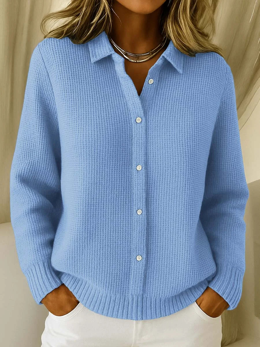 Glenda Collared Waffle Button Cardigan in Light Blue