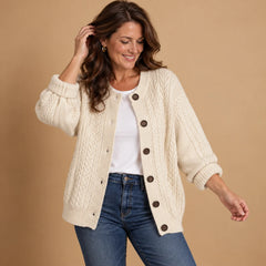 Gloria Chunky Cable Crewneck Cardigan in Cream