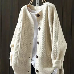 Gloria Chunky Cable Crewneck Cardigan in Cream