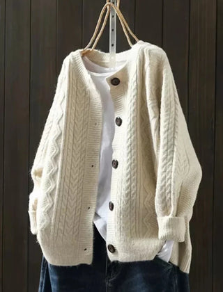 Gloria Chunky Cable Crewneck Cardigan in Cream