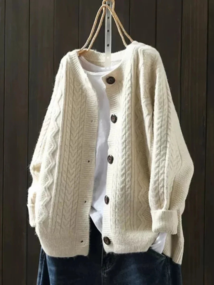 Gloria Chunky Cable Crewneck Cardigan in Cream