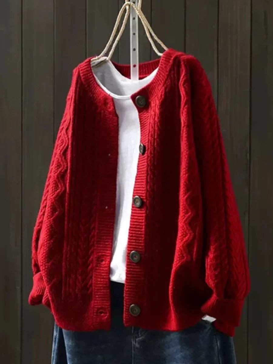 Gloria Chunky Cable Crewneck Cardigan in Red