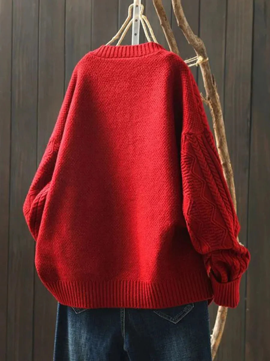 Gloria Chunky Cable Crewneck Cardigan in Red