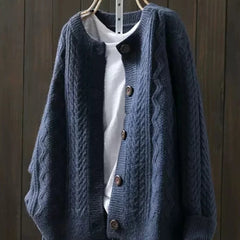 Gloria Chunky Cable Crewneck Cardigan in Navy