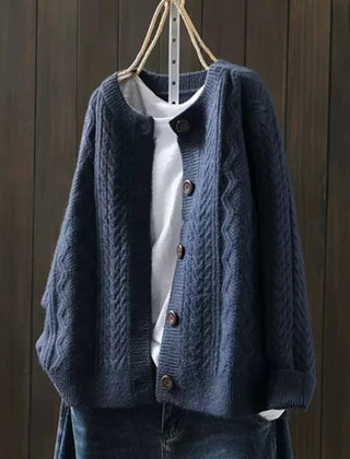 Gloria Chunky Cable Crewneck Cardigan in Navy