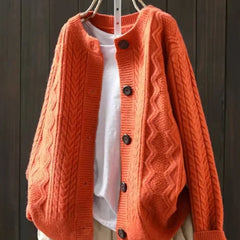 Gloria Chunky Cable Crewneck Cardigan in Orange