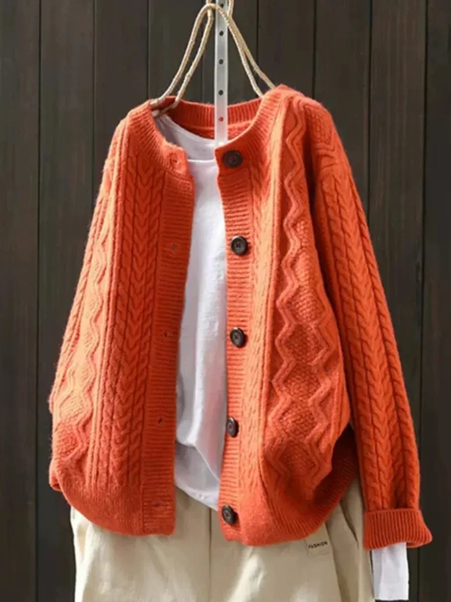 Gloria Chunky Cable Crewneck Cardigan in Orange