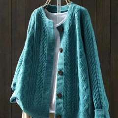 Gloria Chunky Cable Crewneck Cardigan in Teal