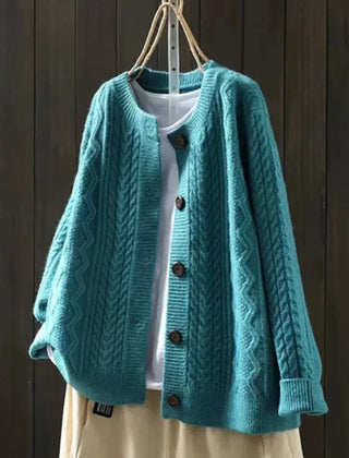 Gloria Chunky Cable Crewneck Cardigan in Teal
