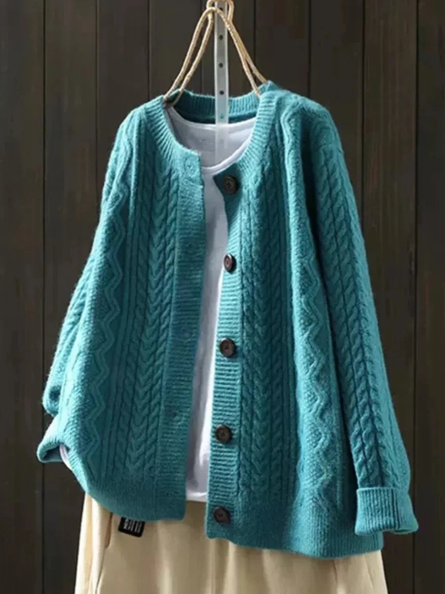 Gloria Chunky Cable Crewneck Cardigan in Teal