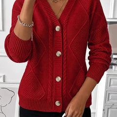 Grace Cable V-Neck Button Cardigan in Red