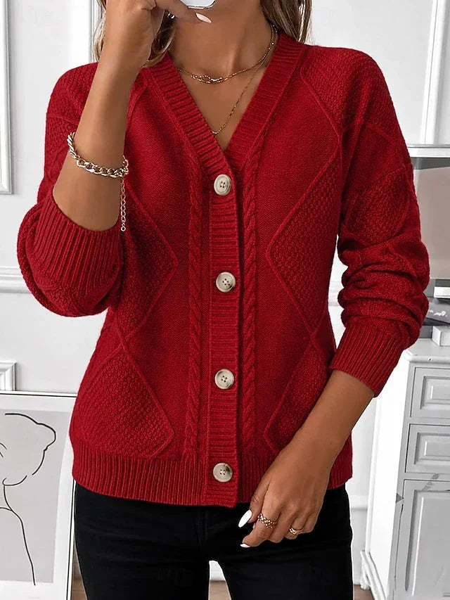 Grace Cable V-Neck Button Cardigan in Red