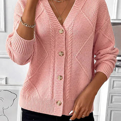 Grace Cable V-Neck Button Cardigan in Pink