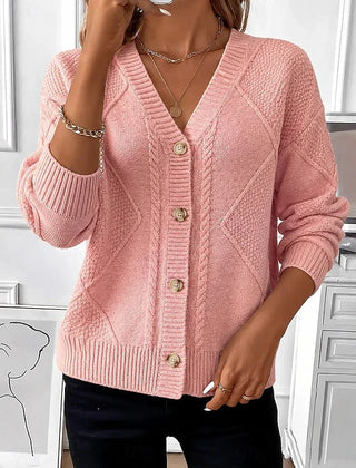 Grace Cable V-Neck Button Cardigan in Pink