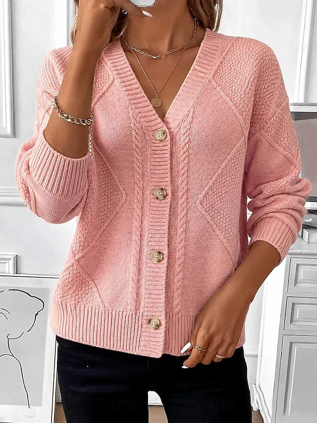 Grace Cable V-Neck Button Cardigan in Pink