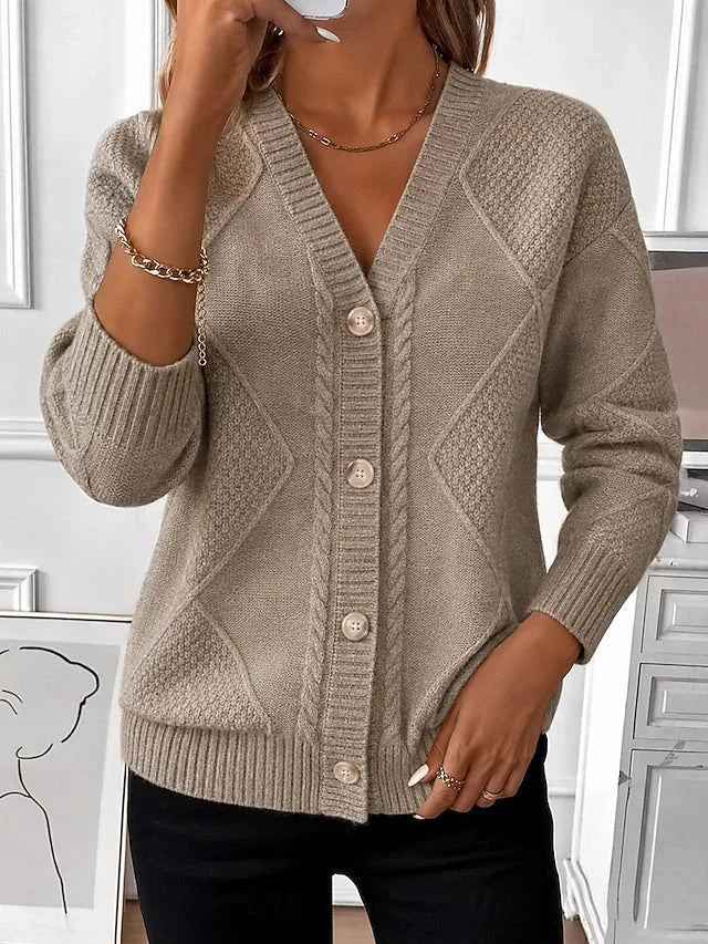 Grace Cable V-Neck Button Cardigan in Taupe