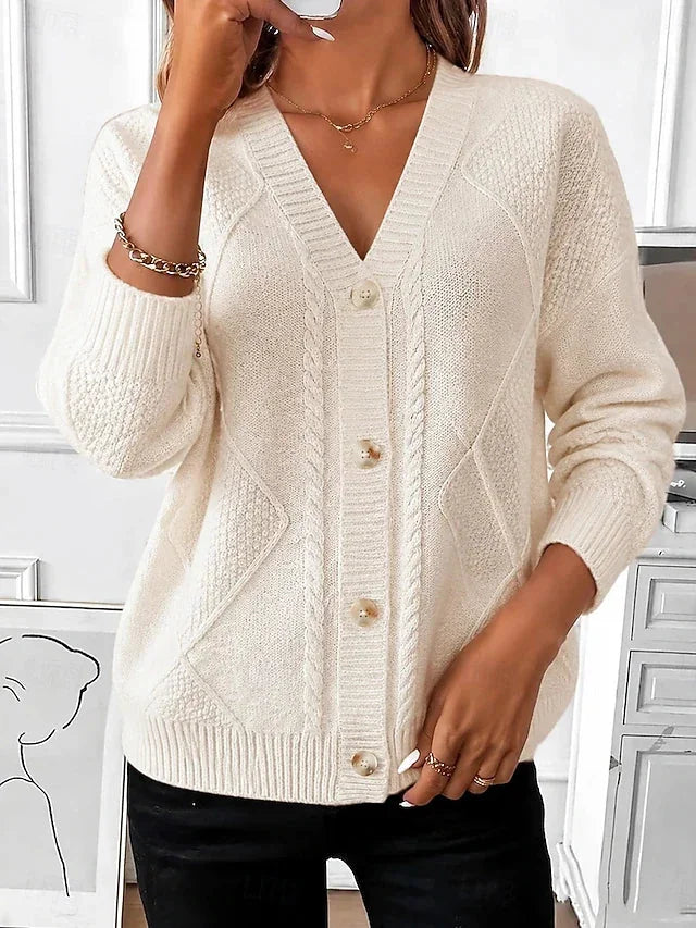 Grace Cable V-Neck Button Cardigan in Cream