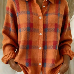 Greta Plaid Collared Button Cardigan in Orange