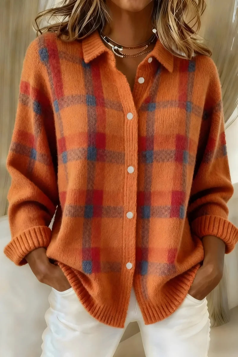 Greta Plaid Collared Button Cardigan in Orange