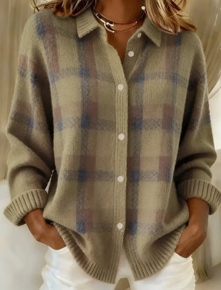 Greta Plaid Collared Button Cardigan in Sage Green