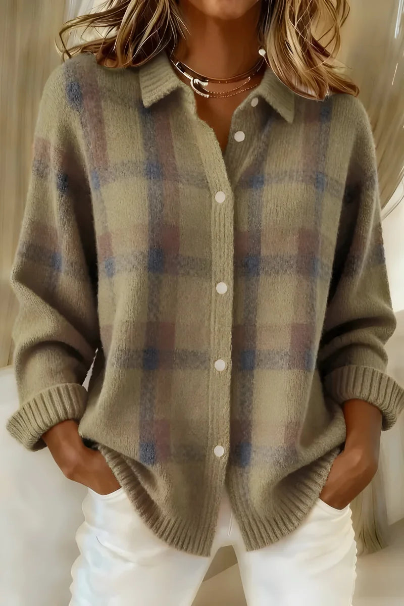 Greta Plaid Collared Button Cardigan in Sage Green