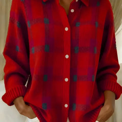 Greta Plaid Collared Button Cardigan in Red
