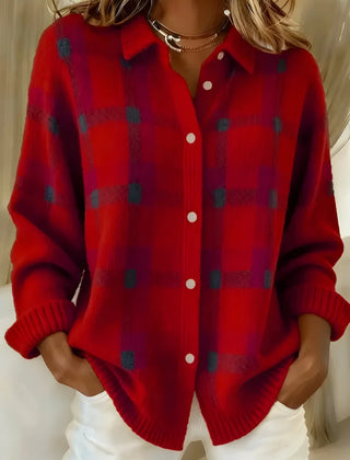 Greta Plaid Collared Button Cardigan in Red