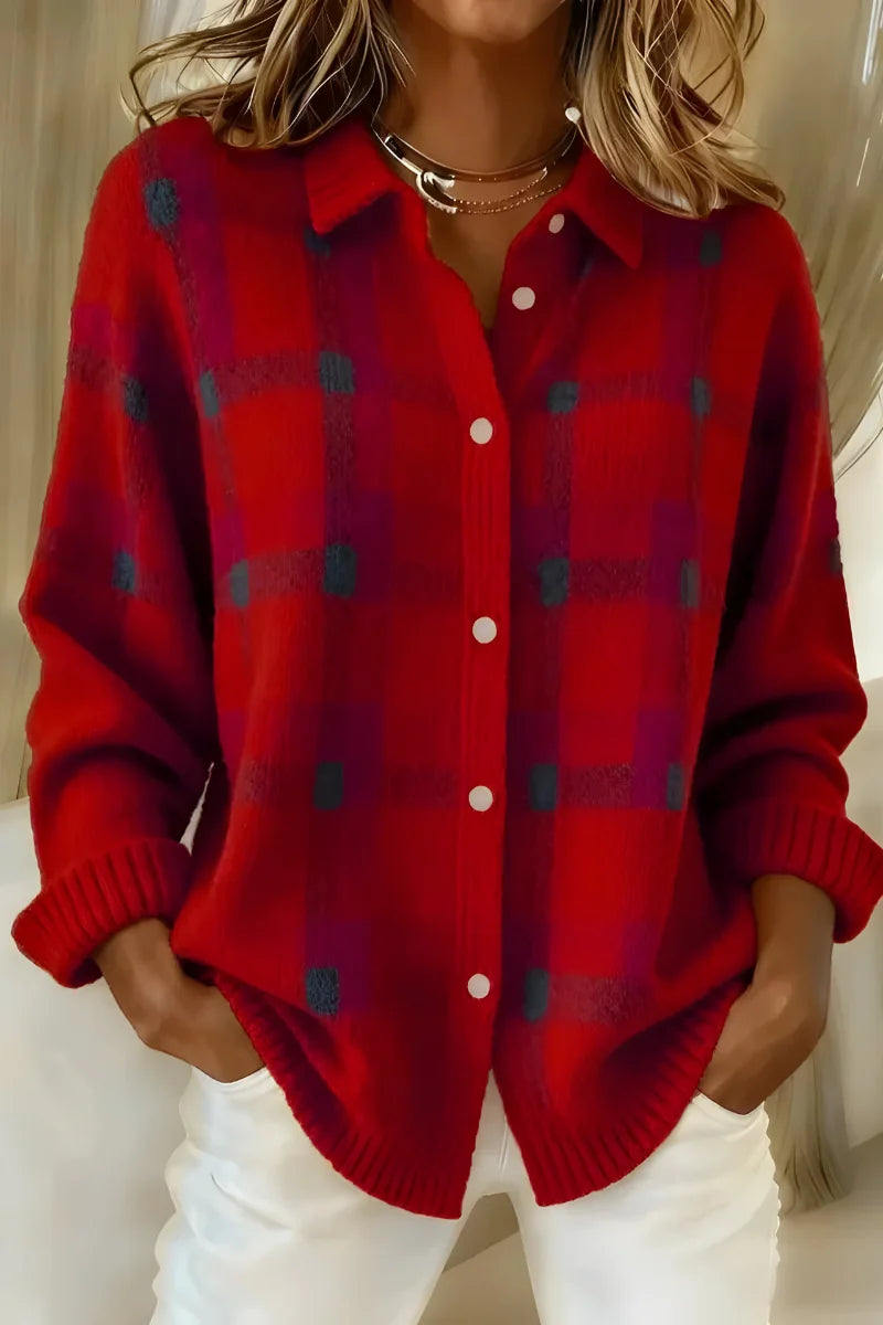 Greta Plaid Collared Button Cardigan in Red