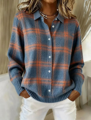 Greta Plaid Collared Button Cardigan in Blue