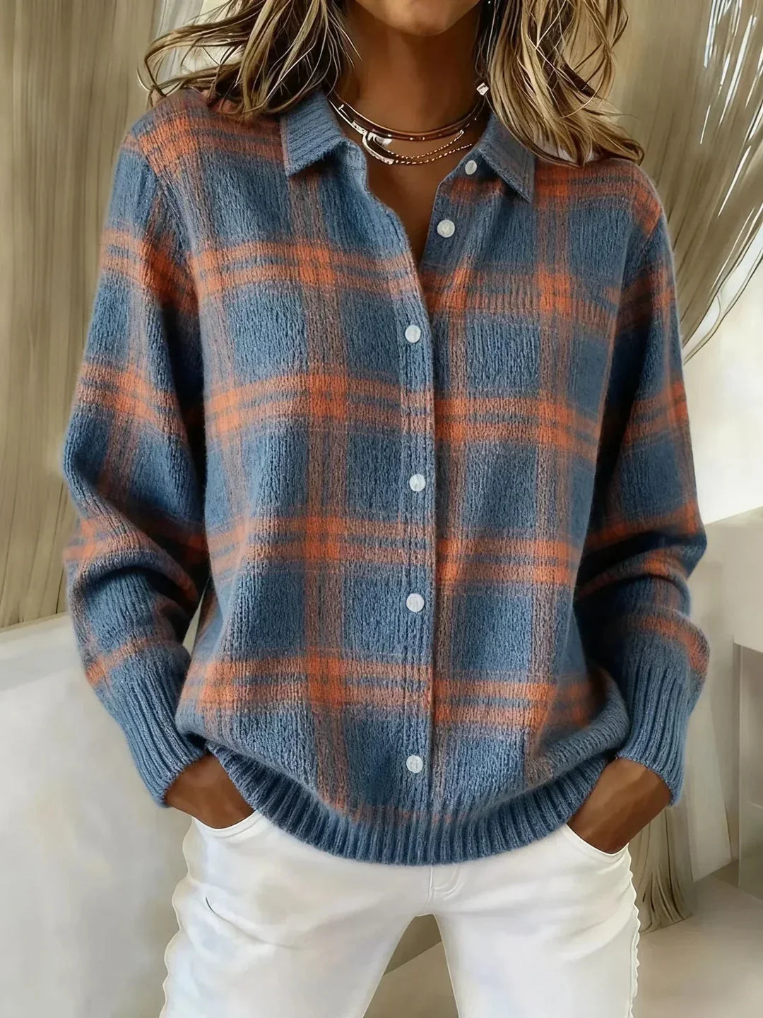 Greta Plaid Collared Button Cardigan in Blue