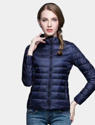 Gretchen Lightweight Stand Collar Puffer Jacket in Navy