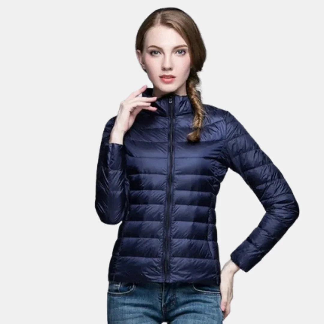 Gretchen Lightweight Stand Collar Puffer Jacket in Navy