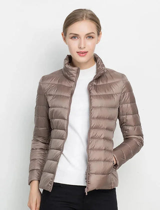 Gretchen Lightweight Stand Collar Puffer Jacket in Taupe