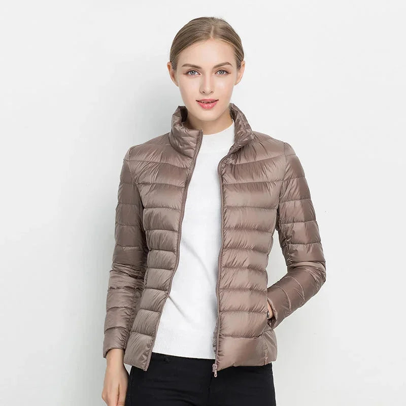 Gretchen Lightweight Stand Collar Puffer Jacket in Taupe