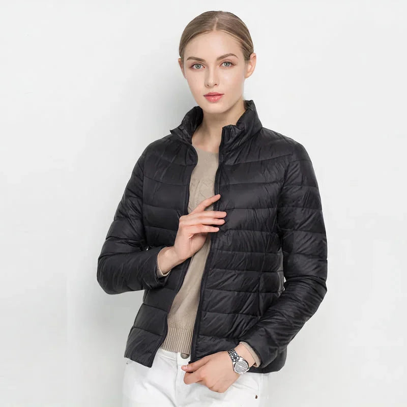 Gretchen Lightweight Stand Collar Puffer Jacket in Black