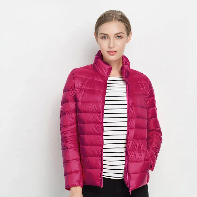 Gretchen Lightweight Stand Collar Puffer Jacket in Fuchsia