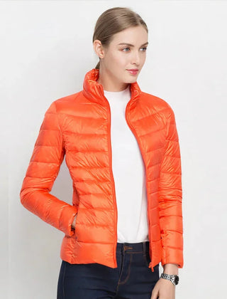Gretchen Lightweight Stand Collar Puffer Jacket in Orange
