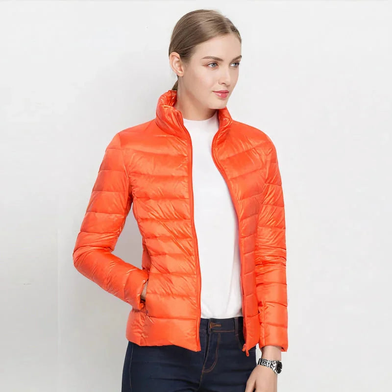 Gretchen Lightweight Stand Collar Puffer Jacket in Orange