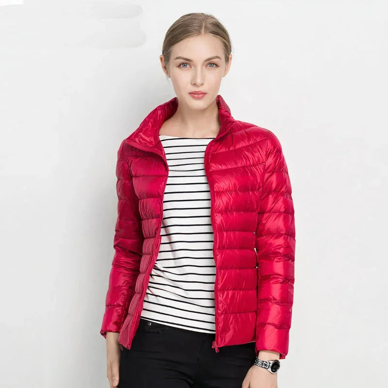 Gretchen Lightweight Stand Collar Puffer Jacket in Red