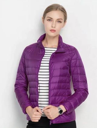 Gretchen Lightweight Stand Collar Puffer Jacket in Purple
