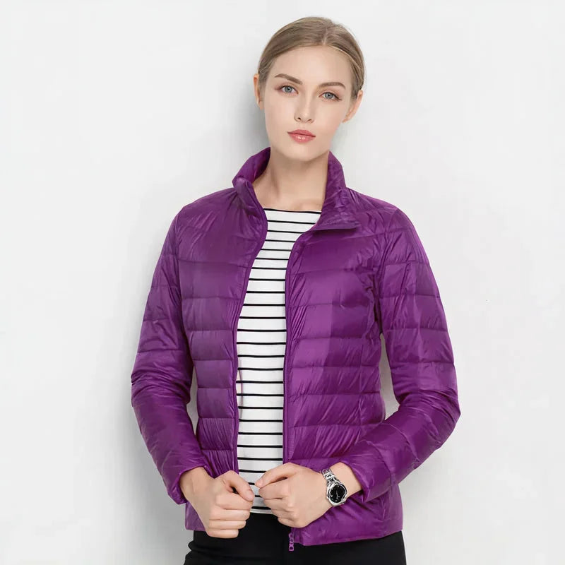 Gretchen Lightweight Stand Collar Puffer Jacket in Purple