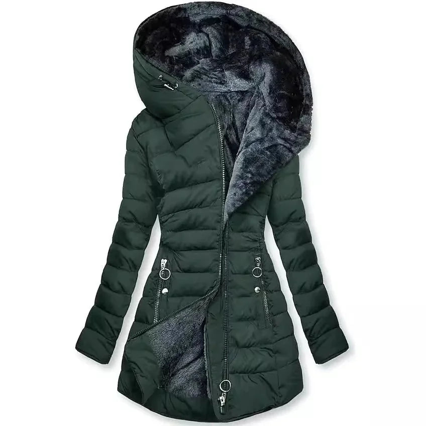 Gwendolyn Faux Fur Lined Hooded Puffer Coat in Dark Green
