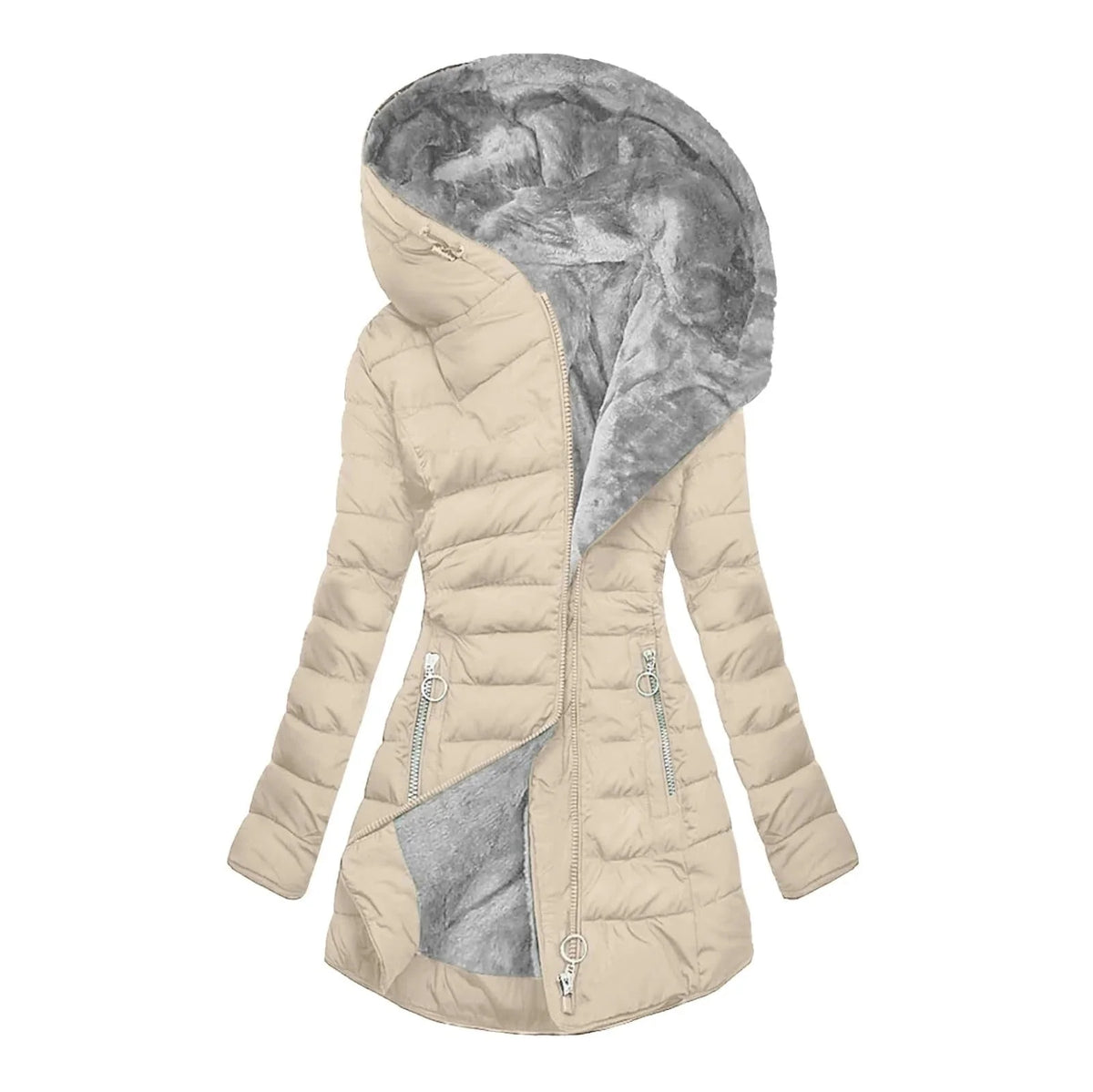 Gwendolyn Faux Fur Lined Hooded Puffer Coat in Beige